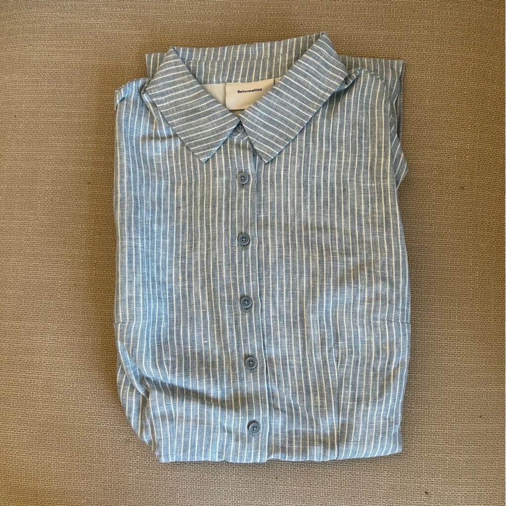 NEW Reformation Prim Linen Midi Dress - Blue White Stripes Casual - Picture 5 of 9